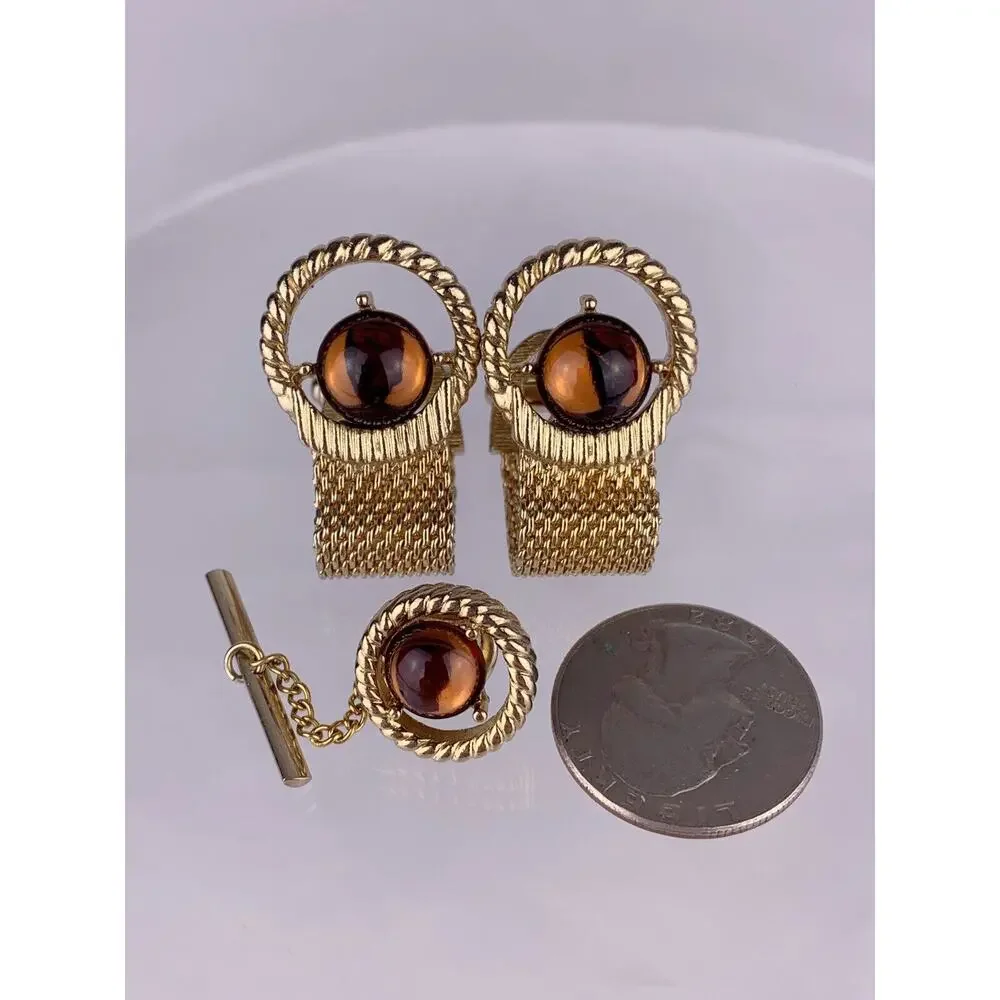 Amber Color Lucite Cufflinks & Tie Pin Gold Tone Wrap Acrylic Mid Century VTG K1